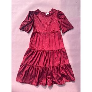80s Red Art Deco Patterned Velvet Kids Dress
